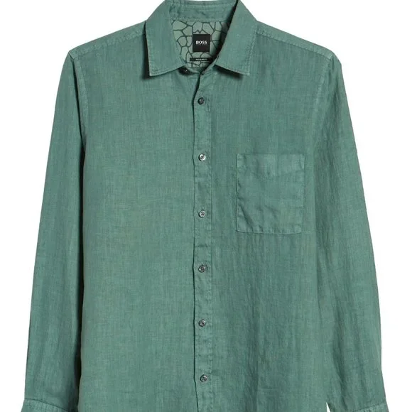 Hugo Boss Men's Regular Fit Solid Green Linen Shirt 2X-Large Casual Button Down Shirts